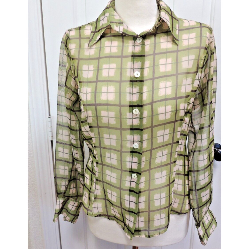 Patrick Gerard Sheer Button Up Blouse Green Plaid Paris Size 38